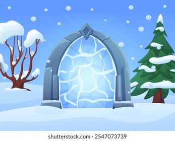 Winter snowy landscape with magic portal. Surreal world location, ice door with lightnings on other game levels. Cold time, tree with snow, vector background