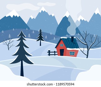 Winter snowy landscape with mountains and country house. Christmas season. Flat cartoon style vector illustration.