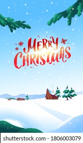 Winter snowy landscape with mountains, fir trees, little houses, trail in snowbanks, blue sky, firry branches, bushes and  falling snowflakes. Vector flat illustration. Merry Christmas card, banner.