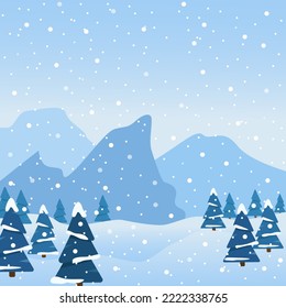 Winter snowy landscape. Mountains, fir trees and a lot of snow.Vector illustration, flat style.