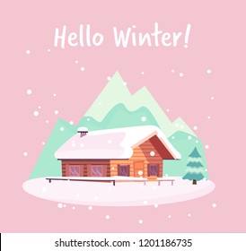 Winter snowy landscape with mountains and wood log country house and snowfall. Christmas season card with text Hello Winter. Flat cartoon style vector illustration in pink mint colors.