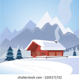 Winter snowy landscape with mountains and wood log country house, spruces, firs, snowy nature, sunny weather. Christmas season card. Flat cartoon style vector illustration in blue colors.