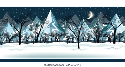 Winter snowy landscape night forest against the backdrop of mountains location for 2d game. Vector illustration