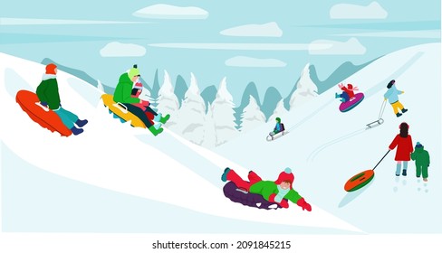 Winter snowy landscape. People ride inflatable sleds, have fun.  Children are rolling down the hill.Vector illustration. 