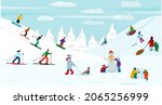 Winter snowy landscape. People walk, make snowmen, go skiing and sledding, enjoy their rest. Vector illustration. 