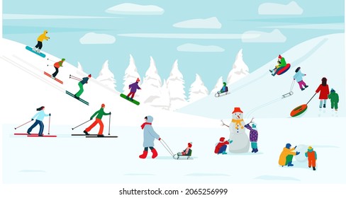 Winter snowy landscape. People walk, make snowmen, go skiing and sledding, enjoy their rest. Vector illustration. 