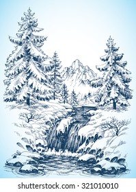 Winter snowy landscape, pine forest and river in the mountains drawing