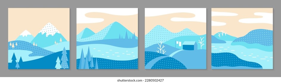Winter snowy landscape set. Abstract scenery flat minimalist design for poster, cover, postcard, book cover, brochure flyer, template typography. Winter cold snow season illustration vector collection
