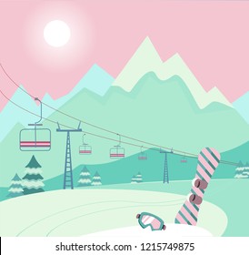 Winter snowy landscape with Ski equipment skis and ski poles, lift, trail, Alps, fir trees, sunny weather, mountains panoramic background. Ski resort season is open. Winter web banner design.