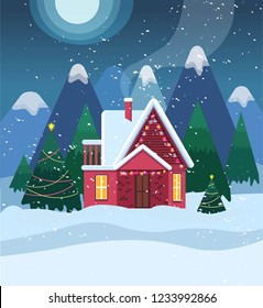 Winter snowy landscape with snow covered country house, Christmas tree and mountains. Flat style. Good for Christmas cards, banners, winter holidays décor. Vector. 