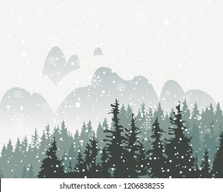 Winter snowy landscape with snowfall and tops of centuries-old fir trees on the background of snow covered mountains. Vector backdrop for winter illustration