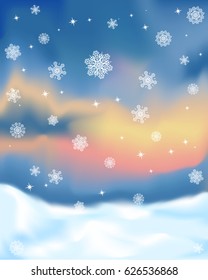 winter snowy landscape sunset with falling snowflakes - vector illustration