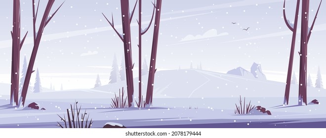 Winter snowy landscape. Trees and nature in the forest. Vector flat illustration