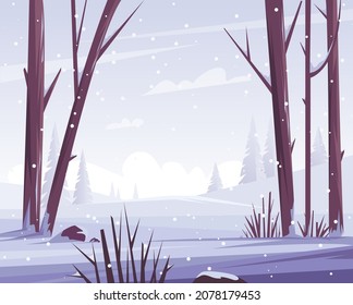 Winter snowy landscape. Trees and nature in the forest. Vector flat illustration