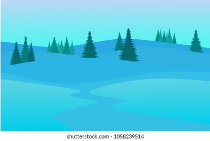 Winter snowy landscape view with pine tree and high snow on the ground hill in winter with clear blue sky for wallpaper,background,backdrop