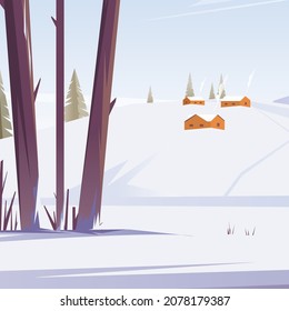 Winter snowy landscape with village houses. Trees and nature in the forest. Vector flat illustration