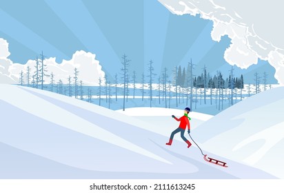 Winter snowy landscape, white hills and boy with sled go to top of the hill, vector