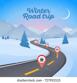 Winter snowy landscape with winding road pathway. New Year background. Vector illustration