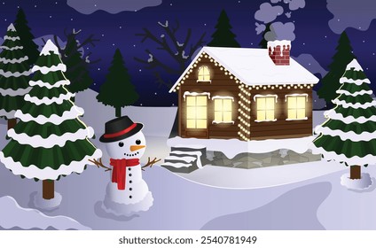 Winter Snowy Landscape. Wooden Cottage Decorated with Fairy Lights, Snowman and Snow Covered Fir Trees. Nighttime Holiday Cartoon Background Detailed Illustration   