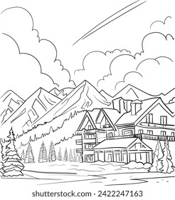 Winter Snowy Mountain Alpine landscape forest houses and Hotel village, sky clouds, snow sports ski Holiday travel, National Park. Hand drawn, template vector black white Art line sketch illustration