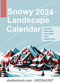 Winter Snowy mountain Alps Sports ski Hotel Night landscape Christmas Holiday Events 2025 New Year calendar title page brochure cover travel poster voyage banner modern design vector template Europe