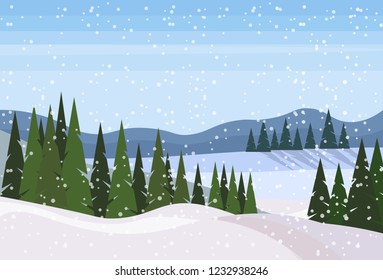 Winter snowy mountain fir tree forest landscape background horizontal flat vector illustration