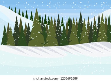 Winter snowy mountain hill green fir tree forest landscape background horizontal flat