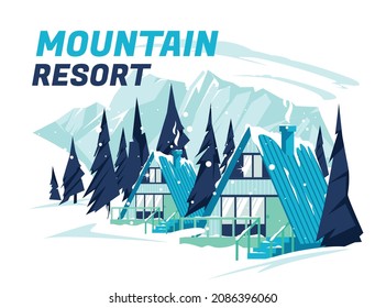 Winter snowy mountain landscape and houses on vector background with snowflakes falling from the sky. Accommodation in a ski resort winter landscape of cold weather among conifers