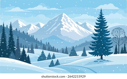 Winter Snowy Mountain Landscape with Pine Trees and Falling Snow – Vector Illustration