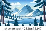 Winter snowy mountain landscape. Vector horizontal illustration of winter cold nature with lake, icy river, forest, pine trees, mountains. Snowy hills and valley panorama. Outdoor holiday activity