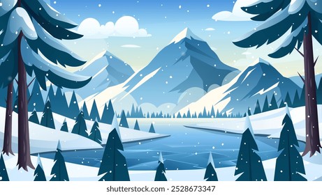 Winter snowy mountain landscape. Vector horizontal illustration of winter cold nature with lake, icy river, forest, pine trees, mountains. Snowy hills and valley panorama. Outdoor holiday activity