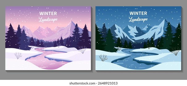 Winter snowy mountain sunset view, quiet night snowy mountain and forest view, winter snowy landscape with river