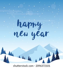 Winter snowy mountains christmas landscape. Happy New Year. Greeting card. Vector illustration