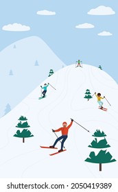 Winter snowy mountains with evergreen trees and skiing people cartoon landscape.