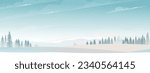 Winter with Snowy Mountains landscape Forest Pines Tree and Field.Vector Banner Cartoon Horizon  Beautiful Natural Scenery for New Year,Christmas background,Web Banner,Calendar Cover,Greeting card 