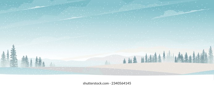 Invierno con montañas nevadas paisaje Pines Forestales Árbol y Campo.Vector Cartel Horizonte Hermoso Paisaje Natural para Año Nuevo, Fondo de Navidad, Banner Web, Cubierta del calendario, Tarjeta de saludo 