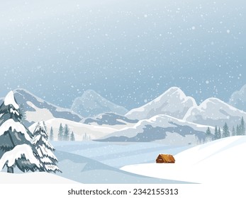 Winter with Snowy Mountains landscape Forest Pines Tree and Wood Barn on Field.Vector Banner Cartoon Horizon Natural Scenery for New Year,Christmas background,Web Banner,Calendar Cover,Greeting card 