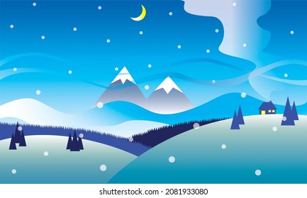 Winter snowy Mountains landscape with moutains hills pines and home sweet home.