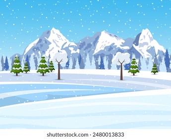 Winter snowy Mountains landscape with pines, hills and snowflakes. Vector illustration in flat style