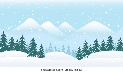 Winter snowy mountains vector illustration. Horizontal Winter landscape of a forest. Snowdrifts and snowfall background with trees. Winter web banner, card and wall paper.