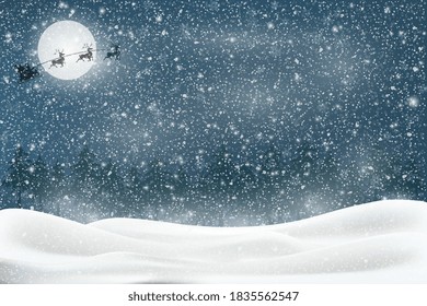 Winter Snowy night with falling snow, heavy snowfall, snowflakes in different shapes and forms, snowdrifts. Holiday Winter background for Merry Christmas and Happy New Year. Vector illustration.