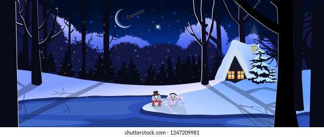 Winter snowy night landscape with little house in forest, cute snowmen and santa claus riding in the sky. Vector illustration, banner, poster, christmas, new year greeting card template, copy space.