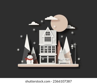 Winter snowy night landscape with a villa or hotel among fir trees and snowman. Paper cut style. Christmas vector isolated illustration