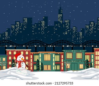 Winter snowy night small town background illustration