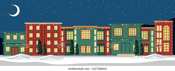 Winter snowy night town panorama illustration