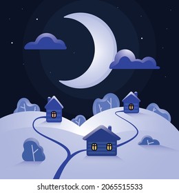 Winter snowy night in the village