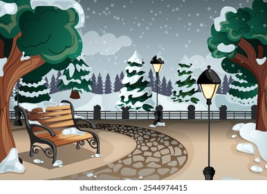 Winter Snowy Park with Bench, Street Lamps and Snow Covered Trees. Cartoon Outdoor Background Illustration 