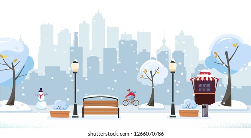 Winter snowy park. Public park in the city with Street Cafe against high-rise buildings silhouette. Landscape with cyclist, blooming trees, lanterns, wood benches. Flat cartoon vector illustration