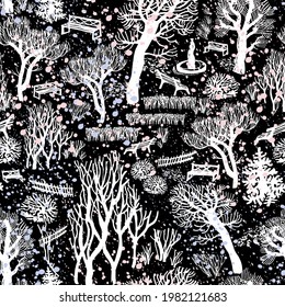 Winter snowy park scenery with trees, benches on black. Contrast black and white seamless pattern. Modern doodle illustration perfect for baby design, fabric, wallpaper, Christmas packaging.