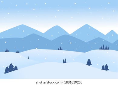 winter snowy scene with blue mountain landscape. Vector illustration, Christmas background.